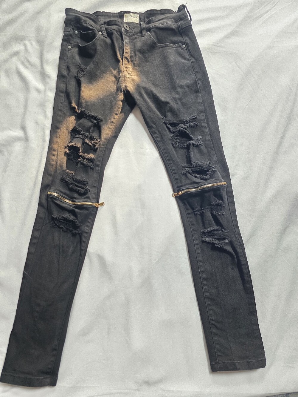 KDNK Men's Black Distressed Skinny Jeans Gold Zip Ankle Streetwear Size 32